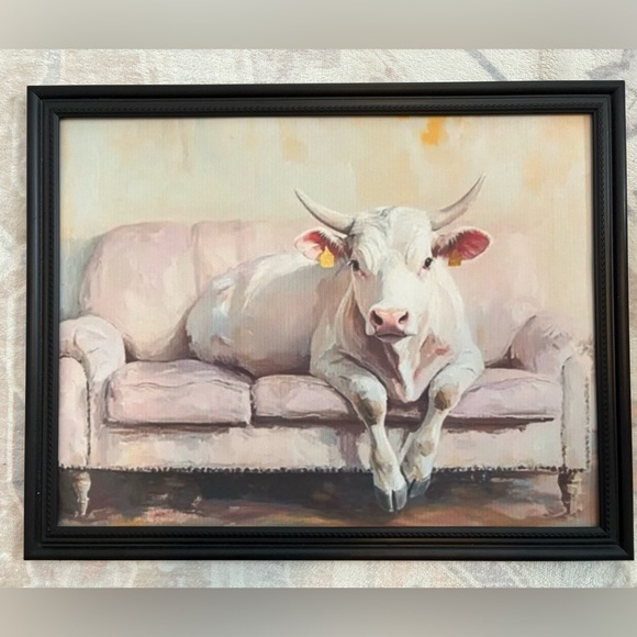 Pretty In Pink Cow On A Sofa Framed 8x10 print Rustic Farm Animal Wall Art, - Picture 1 of 1